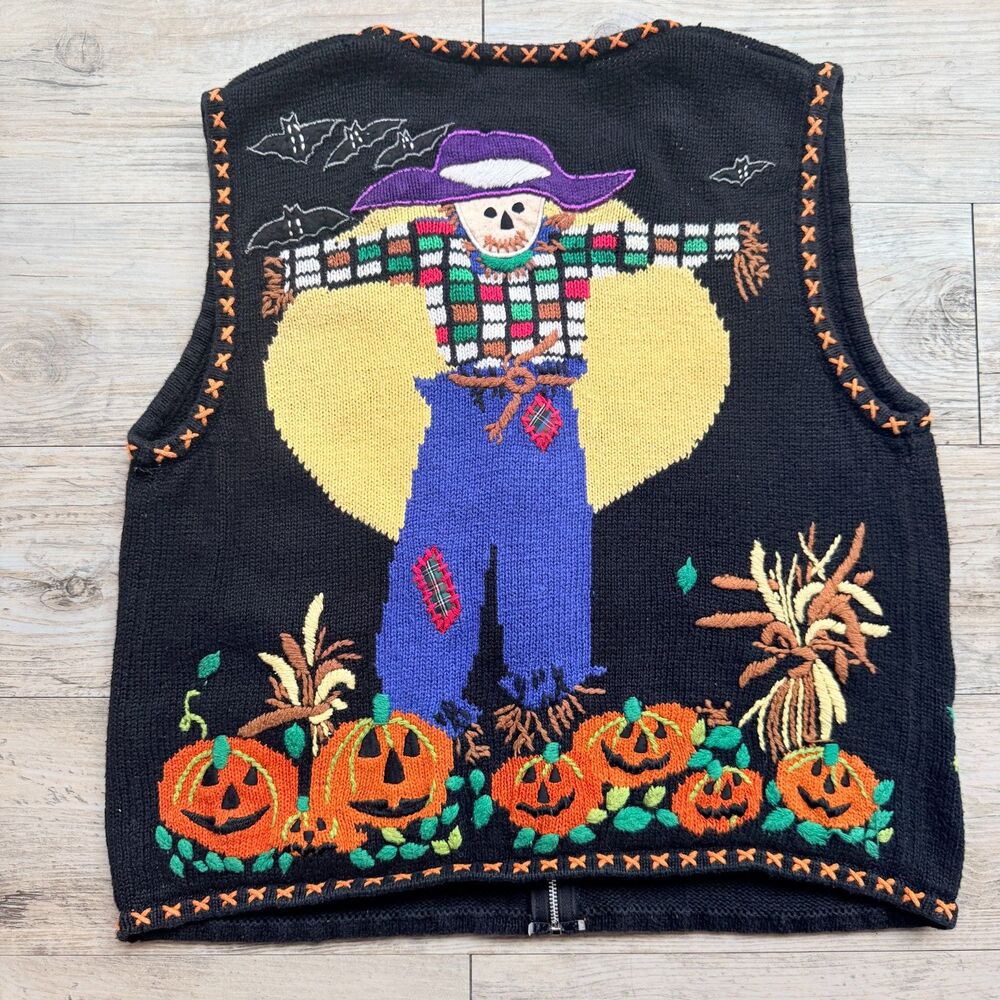 Vintage Halloween Sweater Vest Medium Pumpkin Bat Moon Tree 90s Novelty Knit - Picture 2 of 10